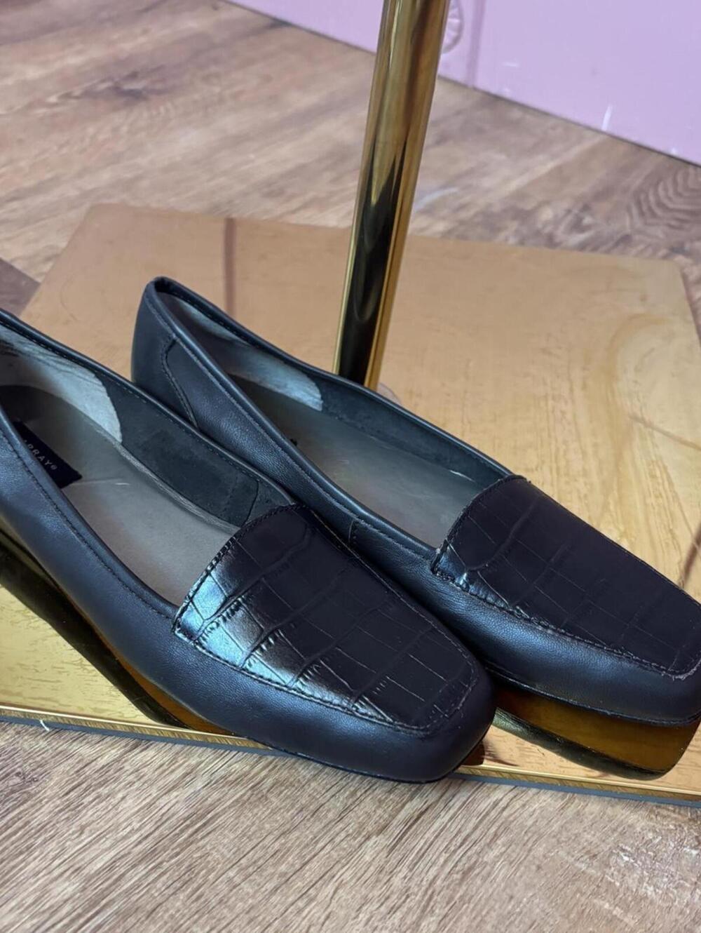 array black leather croc loafers square toe dress flats sz 8 super slim